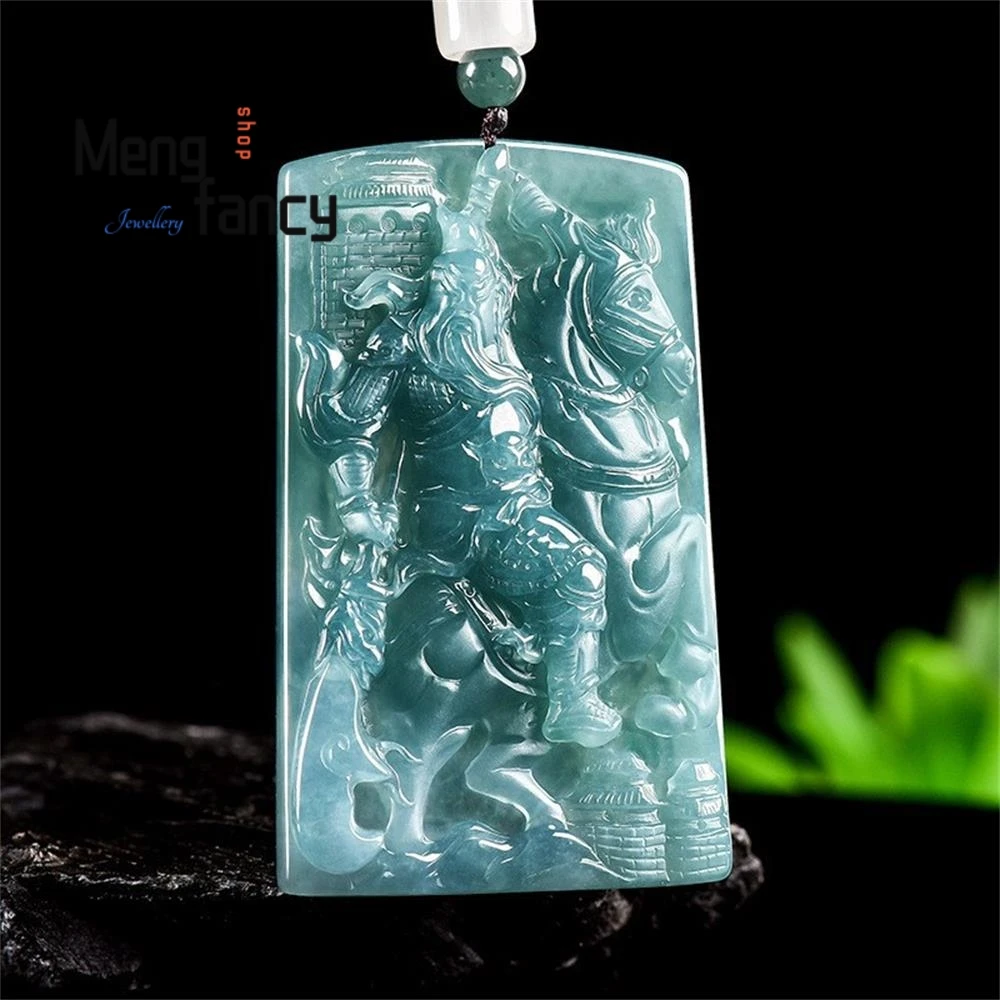 Natural A-grade Jadeite Blue Water Martial God of Wealth Guan Yu Jade Pendant National Style High-grade Luxury Fashion Jewelry