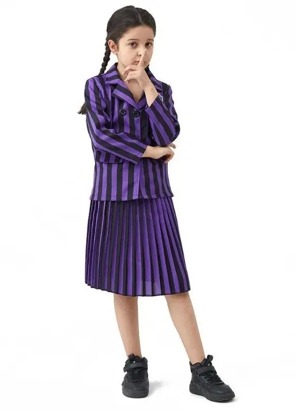 

Gray Purple Addams Family Halloween Cosplay Costume Girls Dress Cleanfit A-Line PVC Skirt Side Zipper T-Shirt Dress for Women