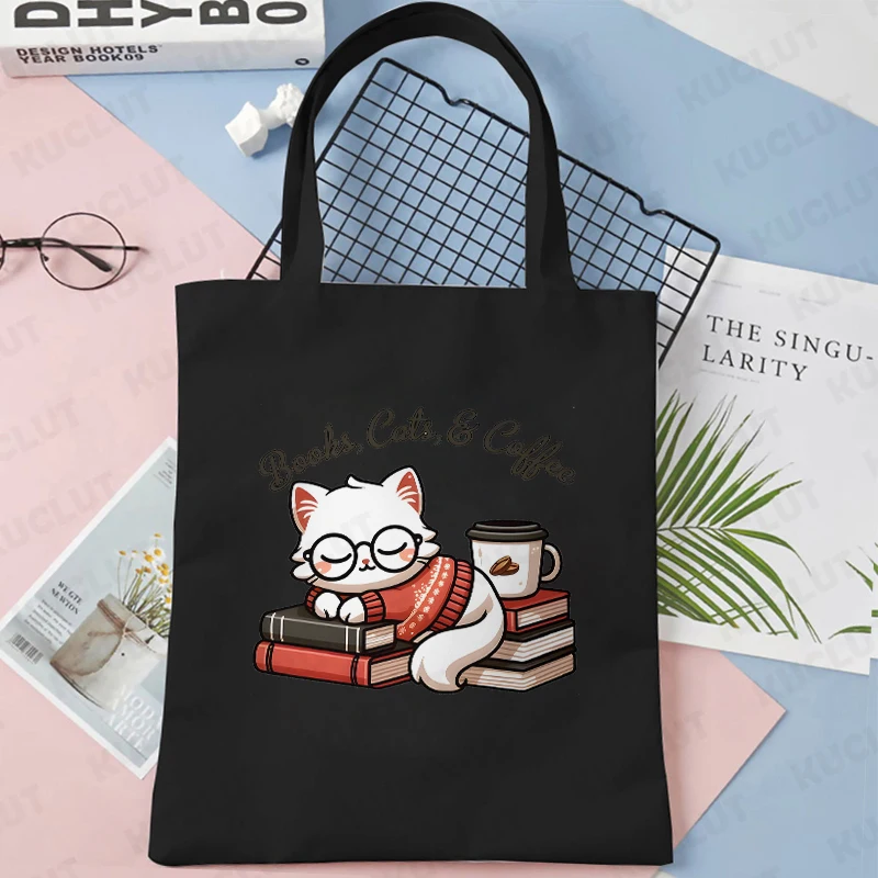 猫と本の恋人プリント ショッピングバッグ トート ハンドバッグ