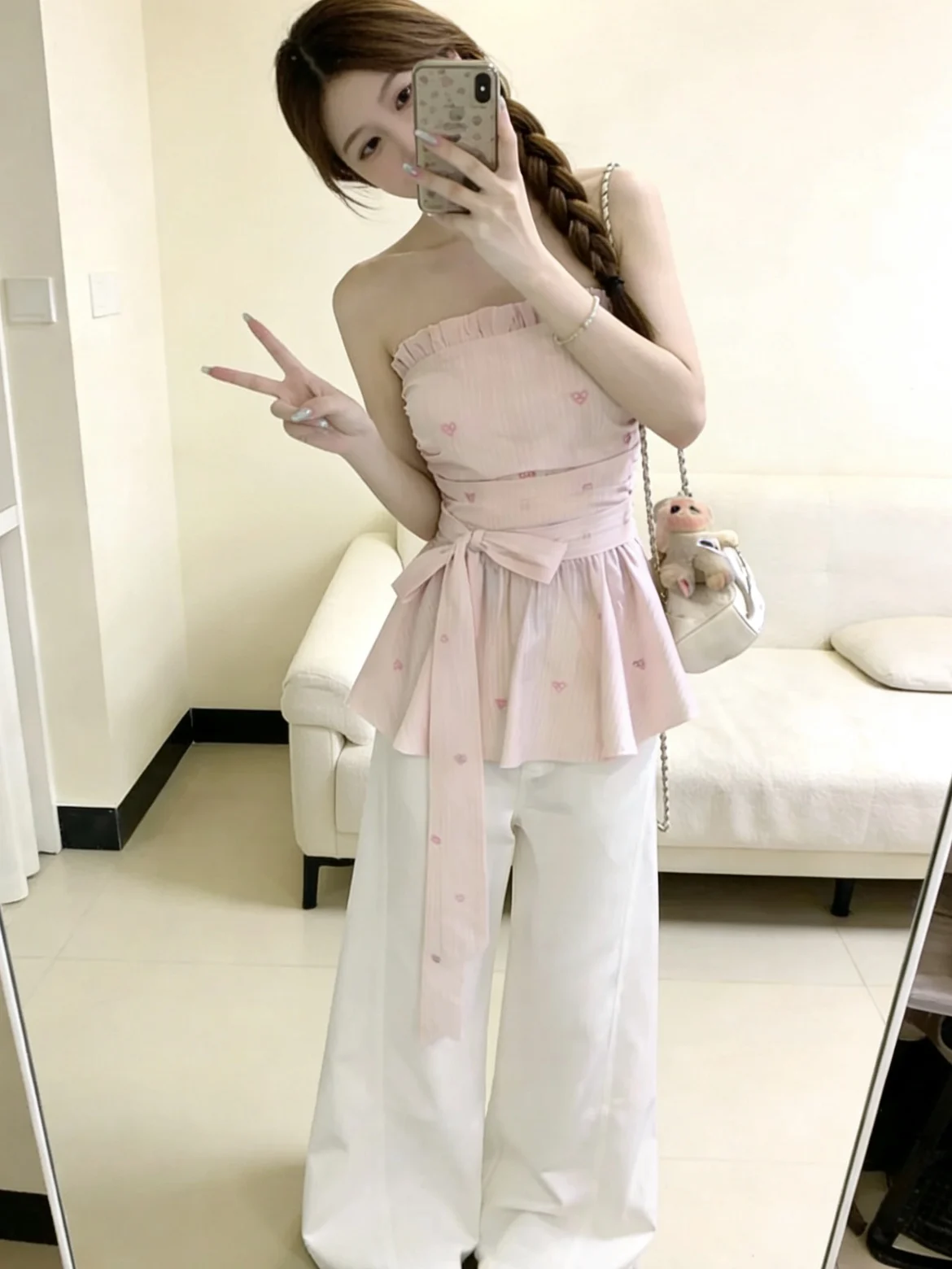 

Sweet Style Bandeau Top Backless Slimming Waist Tie Dotted Stripe Tube Top for Young Women Summer Casual Sleeveless Maternity