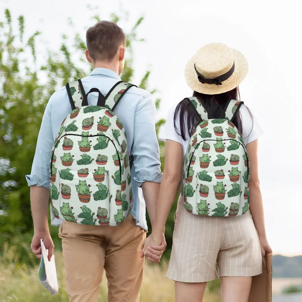 Cactus Cat Backpack Middle High College School Student Animals Pet Book Bags Teens Canvas Daypack Gift