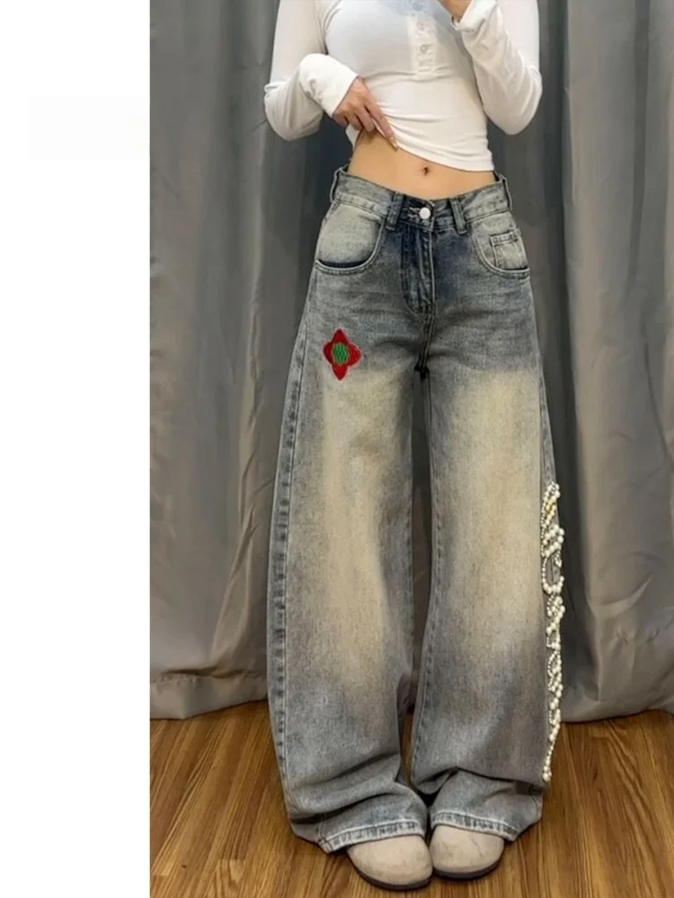 

American Washed 3D Pearl Wide Leg Jeans Women's Loose Slimming Knife Pants High Waist Spring New Style plus Size Casual Denim