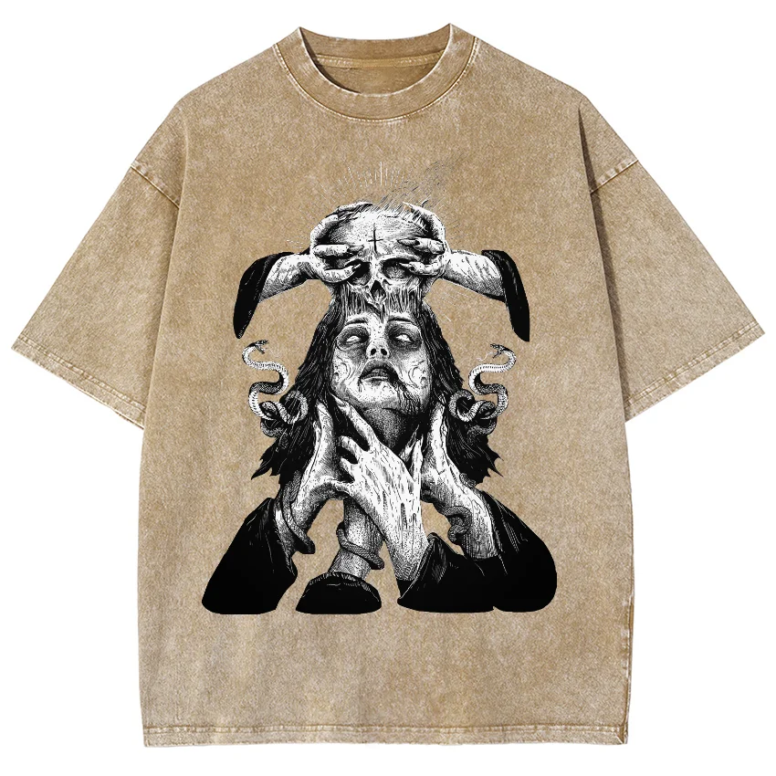 Scary Character Snake Print Cotton Women Washed T-Shirt Summer Oversized Loose Half Sleeve High Street Punk Retro Top Unisex