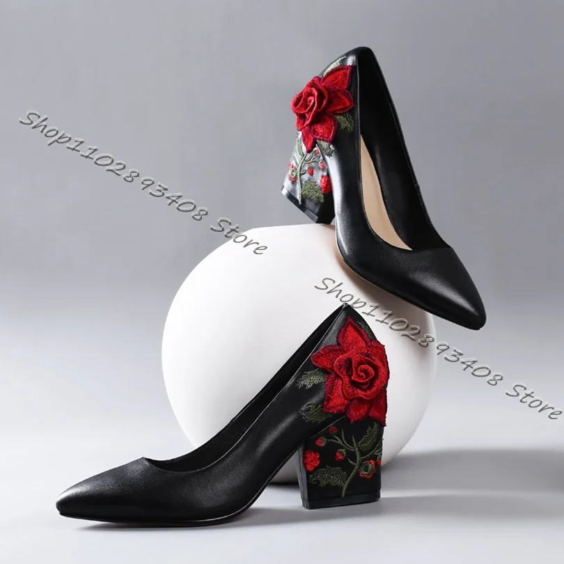 

Black Embroider Flower Decor Pumps Pointed Toe Shallow Slip on Chunky Heels Pumps Women Ethnic Style Shoes Zapatos Para Mujere