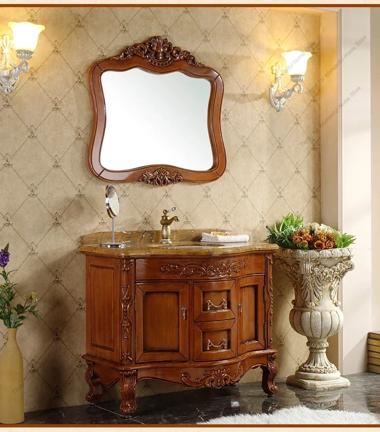 European Style Bathroom Cabinet Combination Of Red Oak Washing The Face Wash Basin Cabinet Solid Wood Floor Toilet Marble Platfo