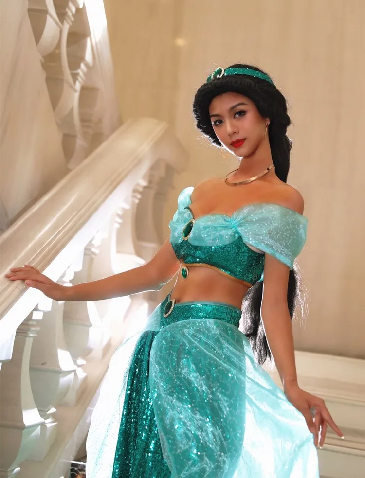 Disfraz de Princesa Jazmín para Halloween, Vestido Sexy con Lentejuelas Brillantes, Conjunto de Collar, Disfraz de Aladdin, Pantalones con Lámpara Azul, Conjunto Completo
