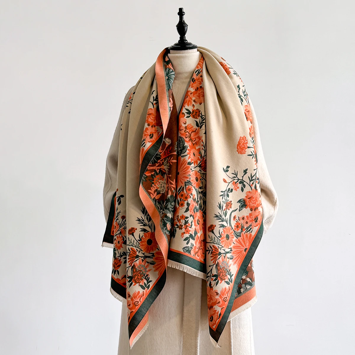 

Brand Fashion Women's Winter Warm Cashmere Shawl - Flower Printed Tasseled Pashmina Thick Scarf, Wrap & Poncho