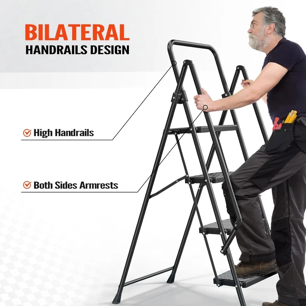 4-ступенчатая складная лестница с широкими противоскользящими ступеньками и поручнями, вместимость 400 фунтов.