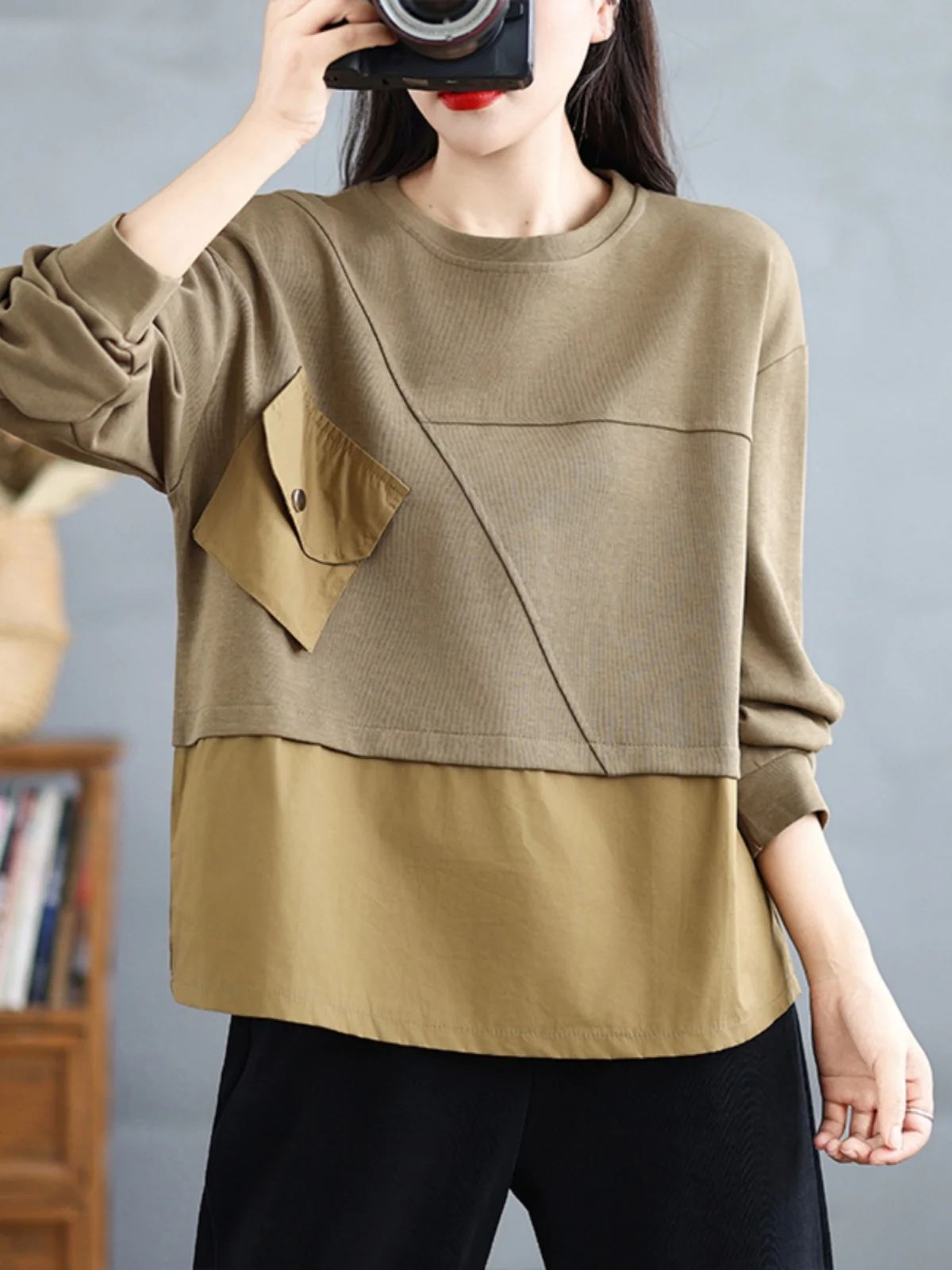 Taglie forti Casual Allentato Lungo Sve round Ne Felpa da donna T-shirt alla moda con grandi ket per la primavera autunno