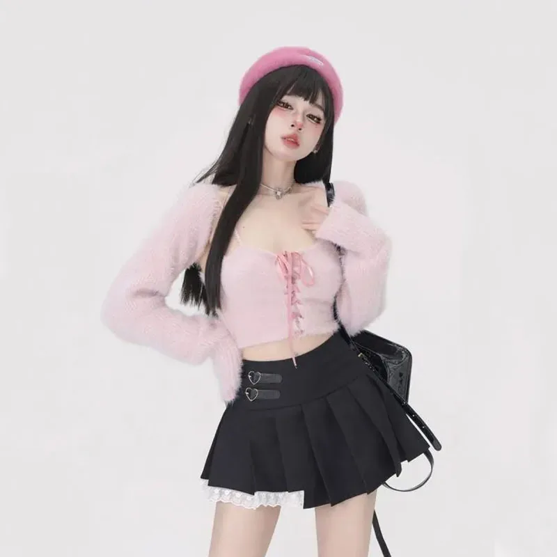 Knitted Pink Set for Women, Long Sleeve, Short Crop, Cardigan, Sleeveless Tank Top, Bandage Y2k Aesthetic T Shirts, Kawaii Fashi