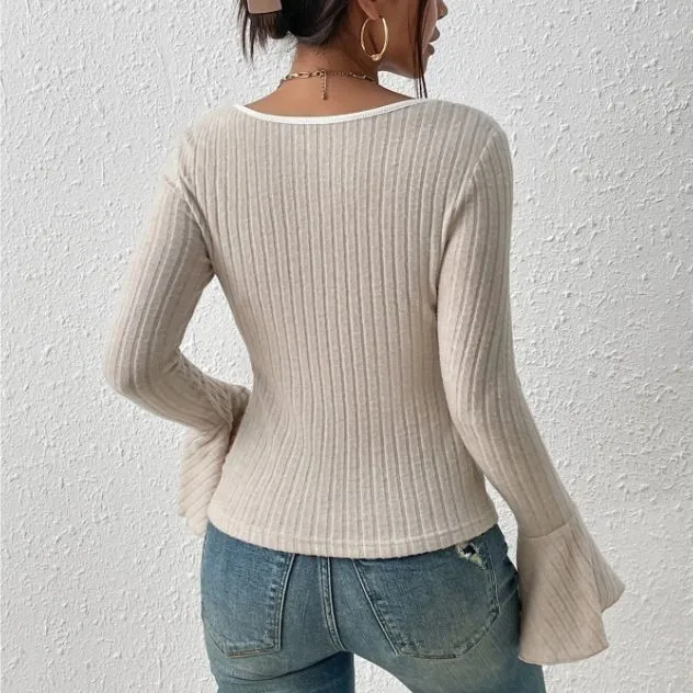 Long Sleeve Top Square Neck Slim Fit Individual Streetwear with Urban Bell Sleeve Regular Length Pullover T Shirts for Women
