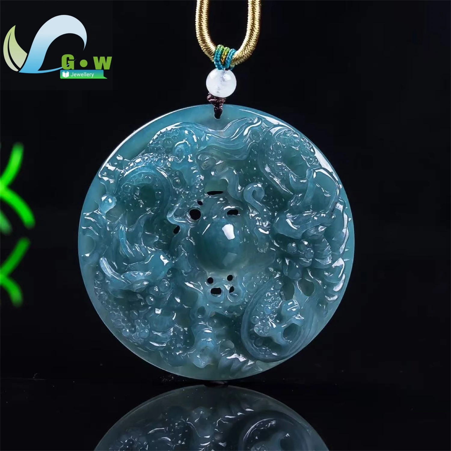 Natural Grade A Jadeite Ice Double Dragon Pearl Plaque Pendant Unisex Men Women Gemstone Ethnic Style Necklace Jewelry Gift