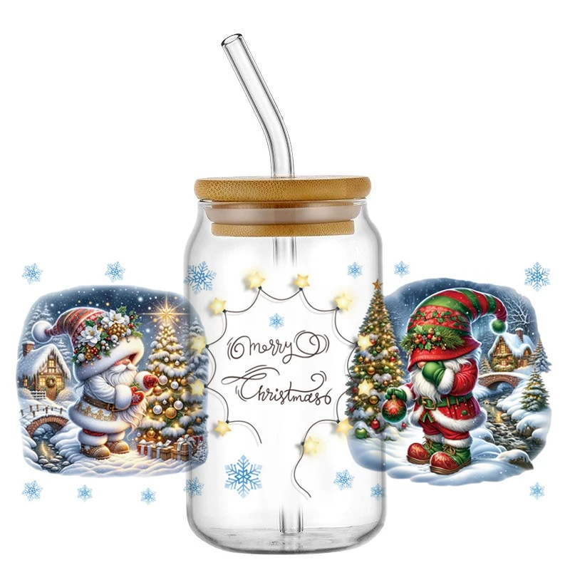 Christmas Winter Santa Claus Gnome UV DTF Cup Wrap Transfer Sticker Glass Coffee Mugs Decoration Xmas Greeting Cards Decal