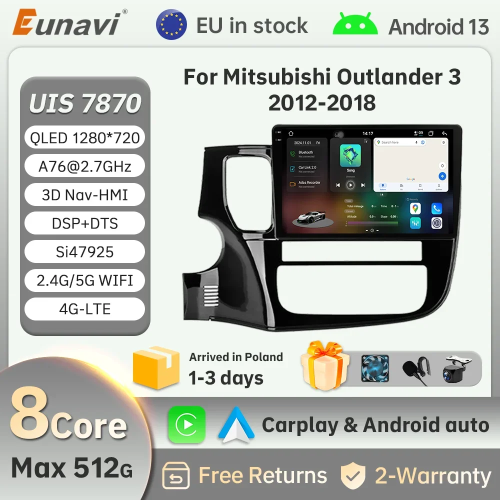 Автомобильный радиоприемник Eunavi 2 din Android для Mitsubishi Outlander 3 2012-2018, автомобильный мультимедийный авторадио, 8 ядер, 4G, WIFI