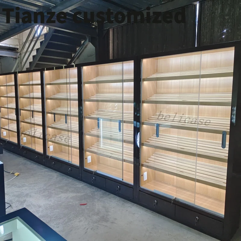 Customized-Custom Smoke Shop Cigar Humidor Showcase with Led Lights Spanish Ceder Shelves Humidor Cabinet Cigar Cabinet Humidor