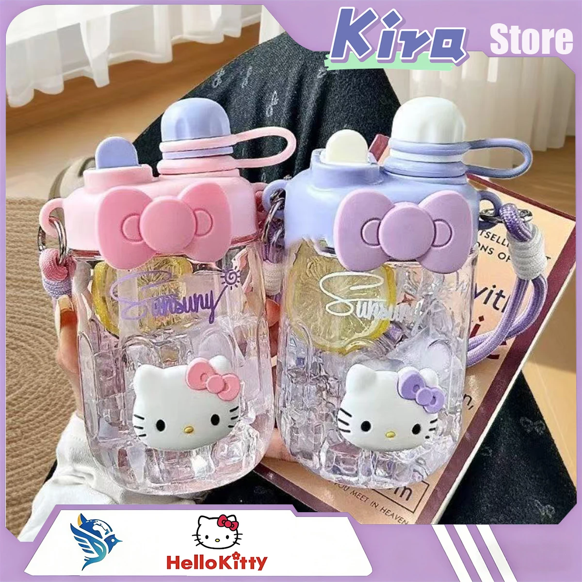 

Летняя пластиковая кружка HELLO KITTY с двойным носиком для питья, портативная, для школьниц, с соломинкой и ручкой для переноски