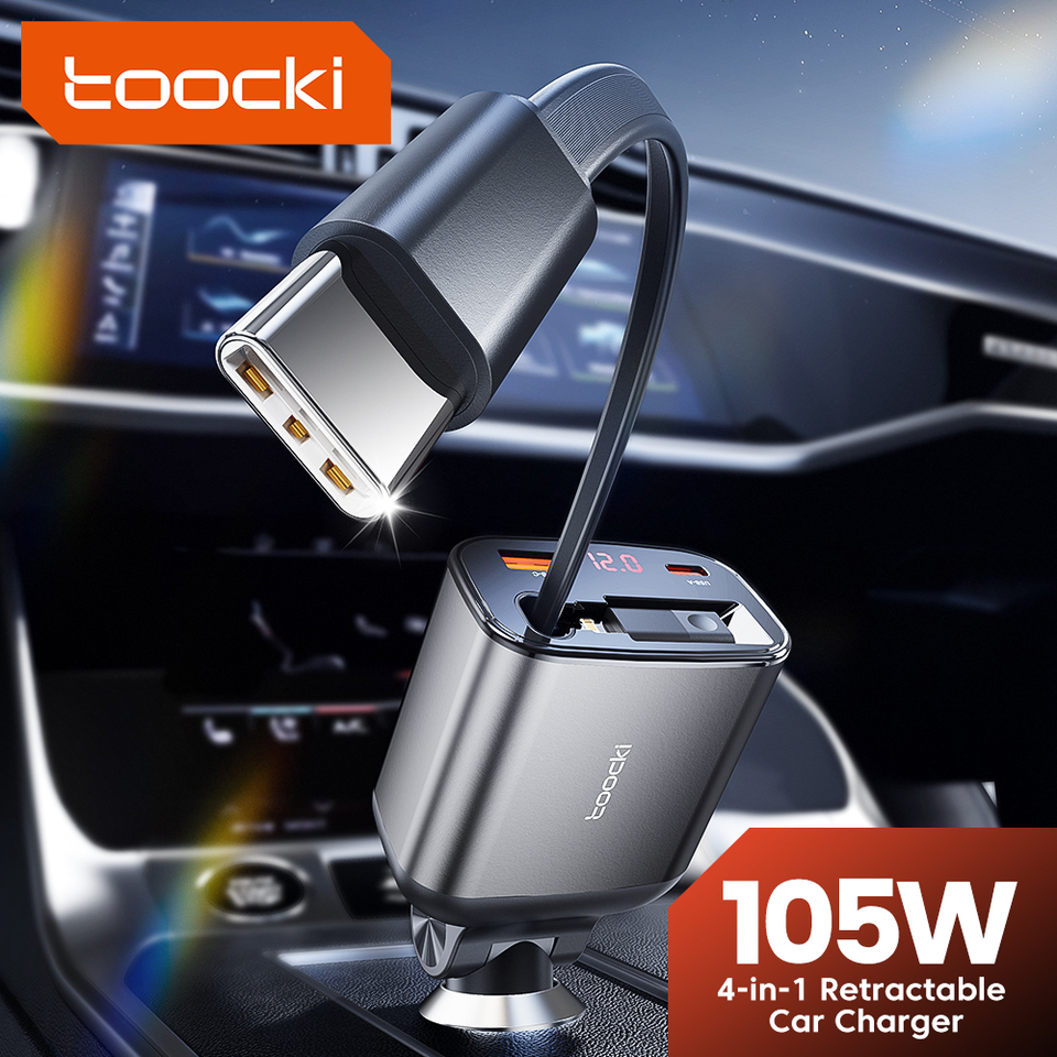 Toocki 105W Car Charger 4 in 1 Retractable Cable PPS QC PD 30W Fast Car Phone Charger For iPhone 15 14 13 Pro iPad Samsung S23