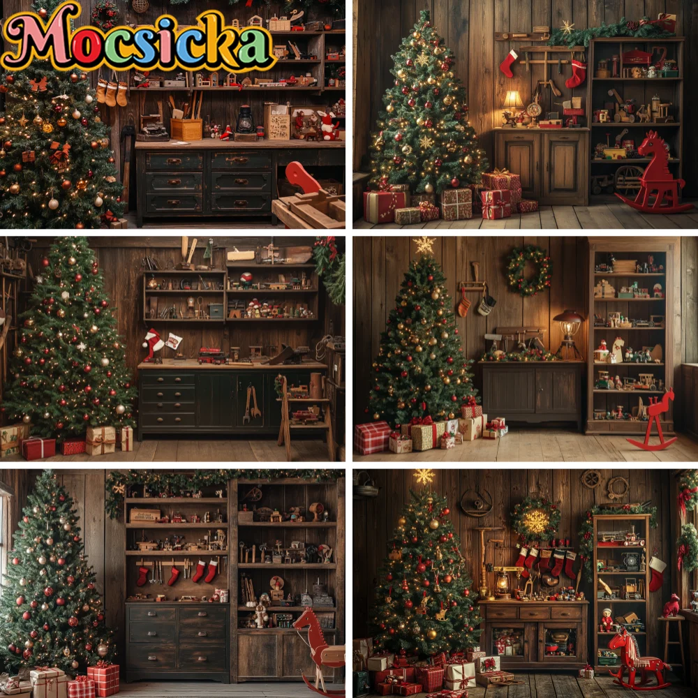 Workshop Tools Background - Rustic Santa Workshop Christmas Backdrop Wooden