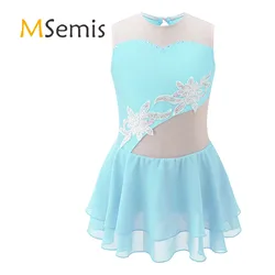 Kids Girls Skating Ballet Dance Dress Sleeveless Round Neckline Shiny Floral Decorated Style Oval Shape Hollow Back Dancewear