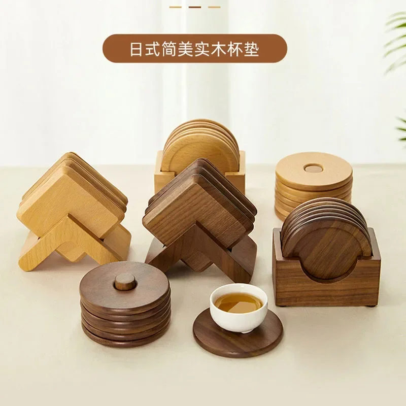 Japanese Walnut Wooden Coaster Set 6pcs/Lot Solid Wood Heat Insulation Pad Round Square Shaped Tea Coffee Coasters Table Decor