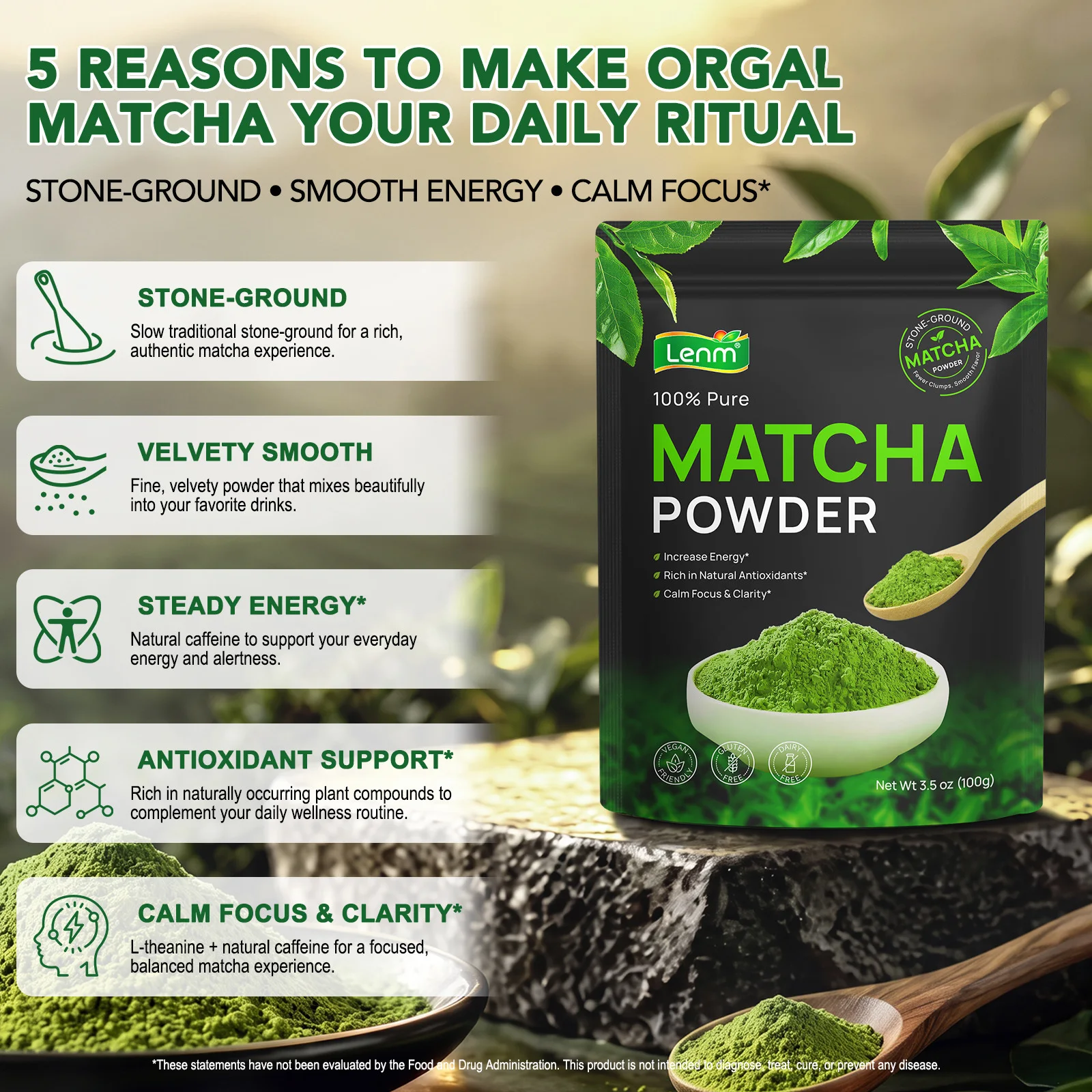 Organic Matcha Powder Supplement 100g, Natural Antioxidant Support Formula with Plant Nutrition for Daily Energy Focus & Clarity