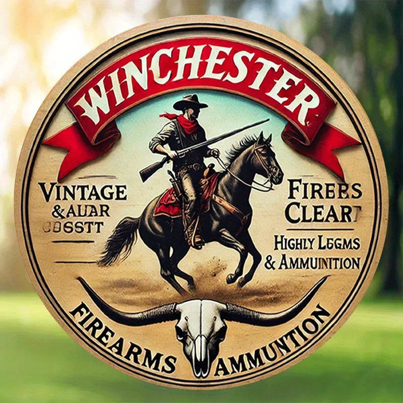 2D Flat, 1pc Winchester Vintage Round Metal Sign - 8-Inch Hunting Wall Art with Winchester & Horseback Design, Iron Retro Decor