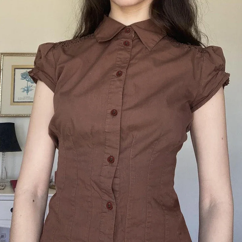 Y2k Vintage Shirts Aesthetic Fairy Crop Tops Cottage Tees Coquette Brown Pleated Button Shirt Women Short Sleeve Fitted Blouses
