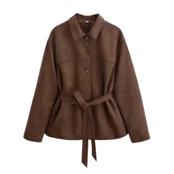 Vintage Brown Suede Jacket With Belt Women Autumn Lapel Long Sleeve Single Breasted Pocket Coats Chic Lady Street Outerwear