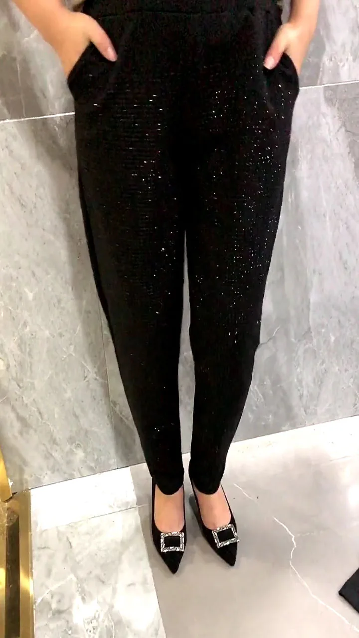 Calça casual de strass feminina, elástico na cintura, calça harém preta solta, moletom grande, bolso da moda, quente, 7XL, outono, inverno, 2022