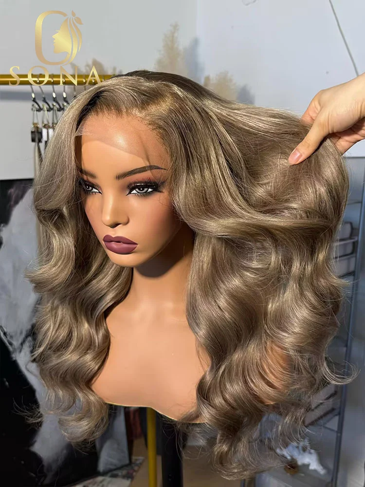 شفاف أومبير شقراء طبيعية الجسم موجة 13X4 13x6 الدانتيل الجبهة باروكة من شعر طبيعي خصلات الشعر المستعار قبل قطعها الرماد شقراء #4