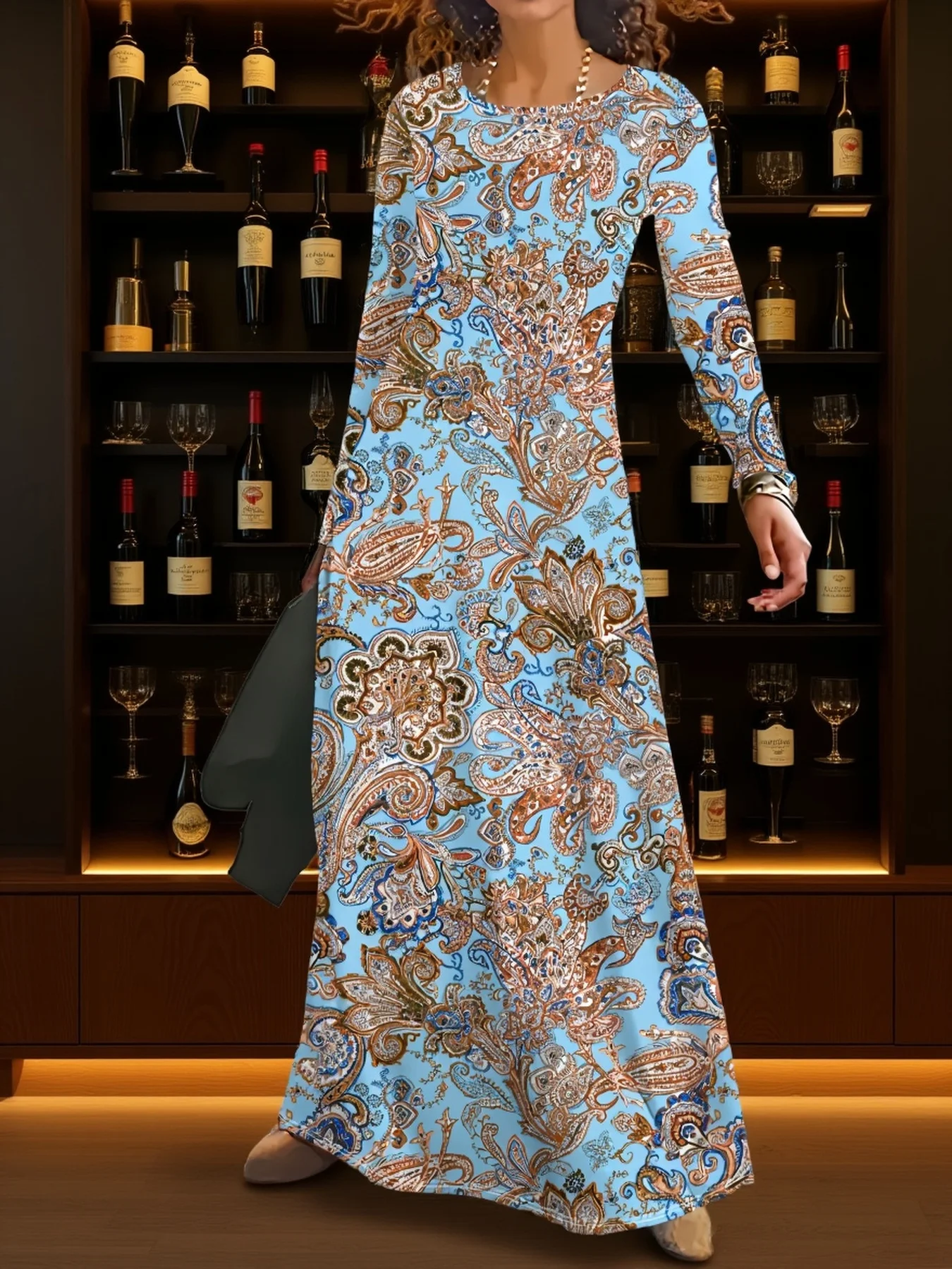 Damen Langarm-Kleid mit Rundhalsausschnitt, Lässiges Blumen-Cashew-Print A-Linien-Midikleid, Frühling Sommer 2024 Modische Trendige Bürokleidung