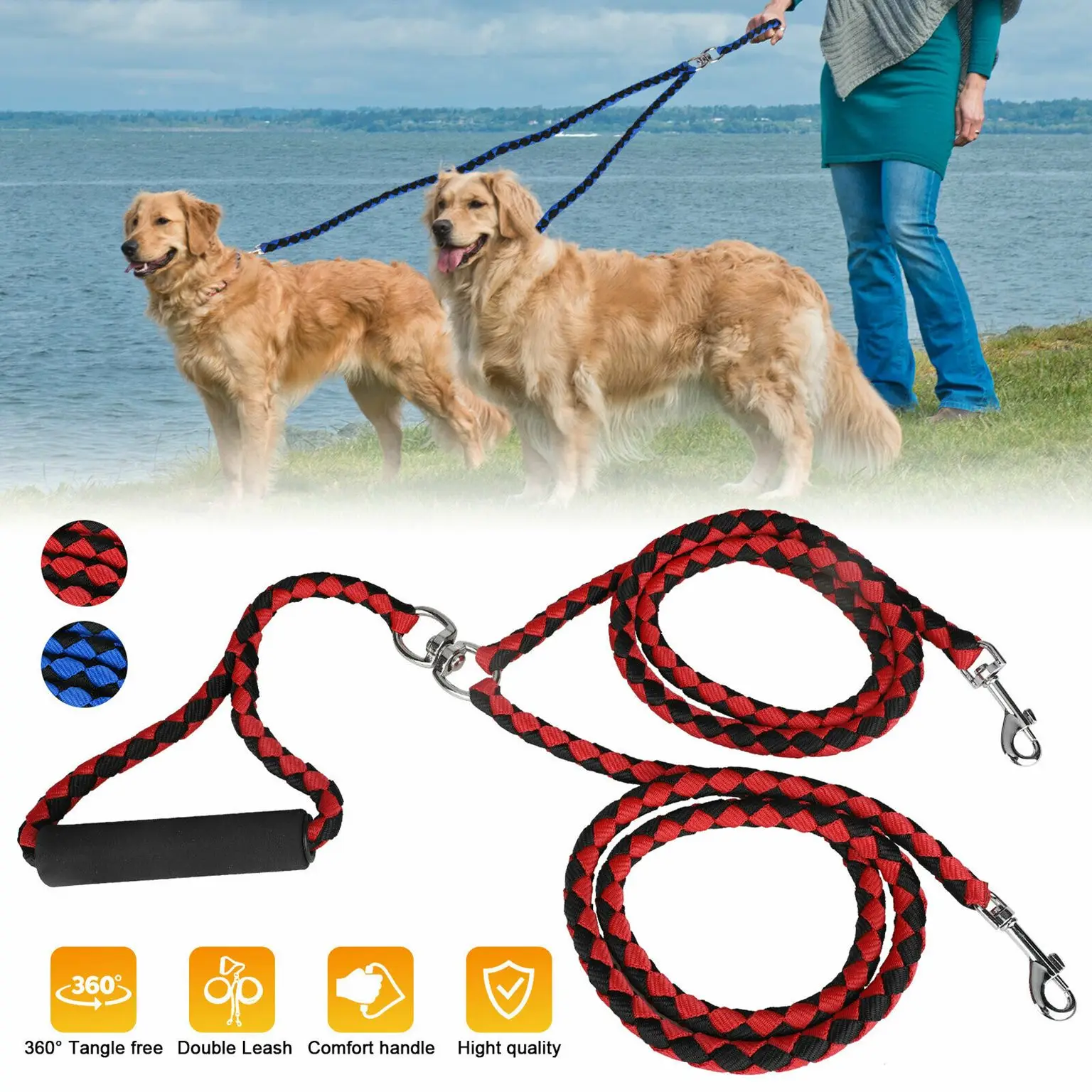 

2 Way Braided Nylon Dual Dog Leash Double Lead Rope Strong Pet Leash Walking Leads With Soft Padded Handle Double Way Dog Leash