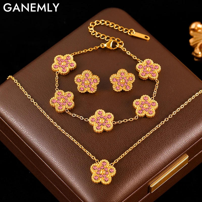 GANEMLY Neue Rosa Zirkon Reversible Klee Halskette Armband Ohrringe Set Für Frauen Trendy Edelstahl Wasserdicht Schmuck