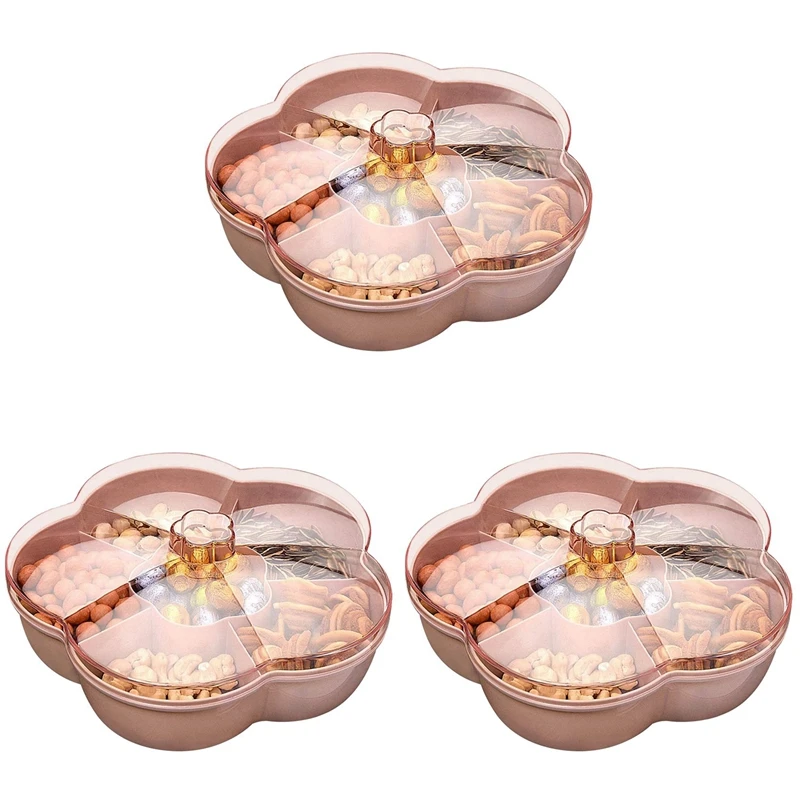 3X Snack Storage Box, Flower Shape Snack Tray With Lid,Nut Candy Food Storage Box,Fruit Box Dry Fruit Container,Pink