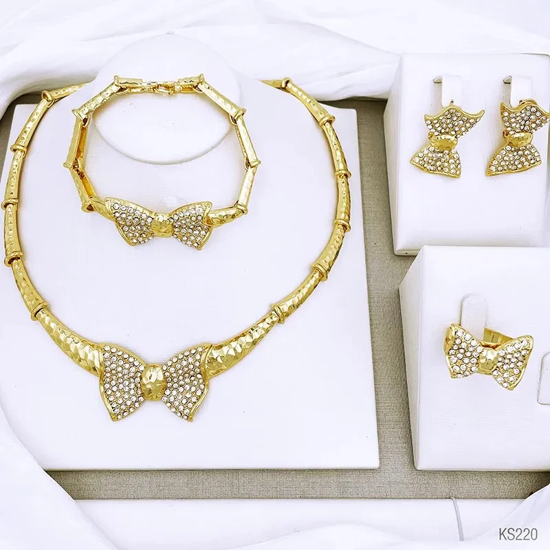 Classic Design Bow Necklace Earrings Bracelet And Ring 4PCS Jewelry Set For Women 18K Gold Plated Nigeria Trending Wedding Party