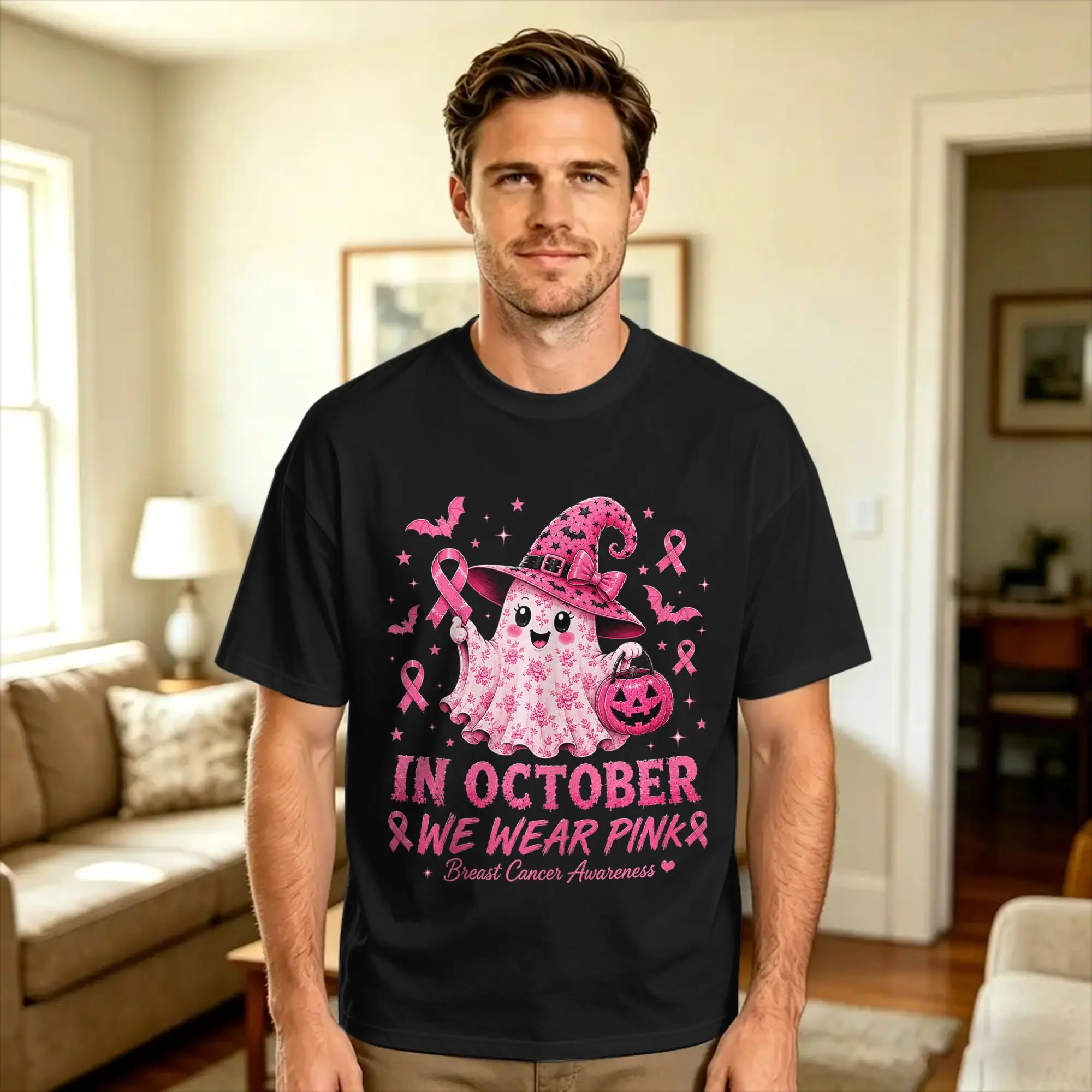 in October We Wear Pink Ghost Breast Cancer T Shirt Summer  Leisure T-Shirts Cotton O-Neck Plus Size 5XL Top Tees Short-Sleeve