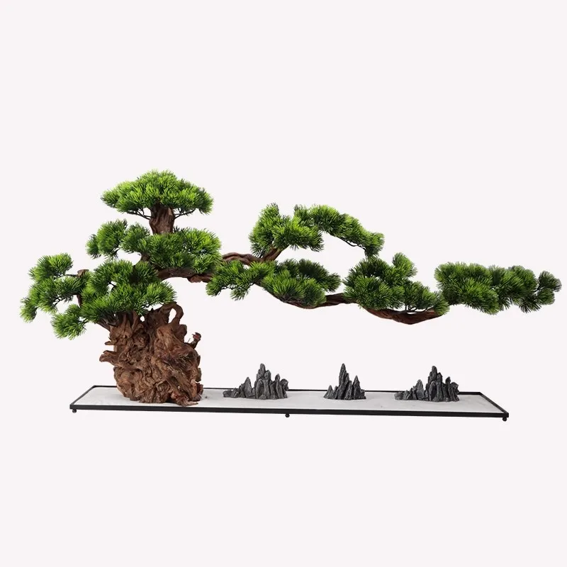 xx-New Chinese-style Artificial Wood Pine Bonsai 120cm Green Plant Fake Tree Living Room Tea Room Office Entrance Decoration