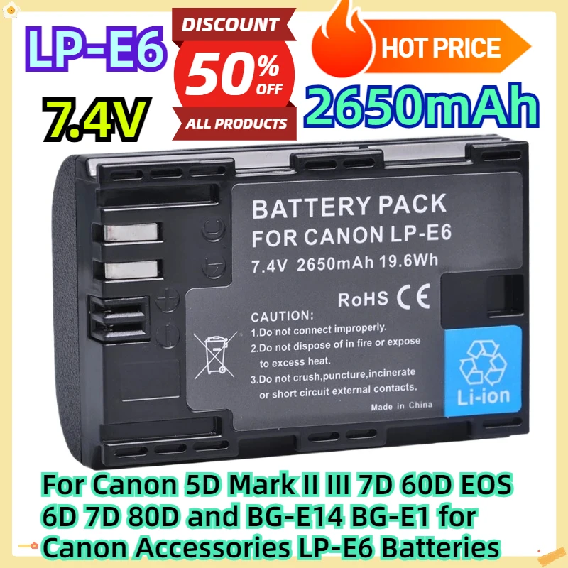 

For Canon 5D Mark II III 7D 60D EOS 6D 7D 80D and BG-E14 BG-E1 for Canon Accessories 2650mAh LP-E6 Batteries