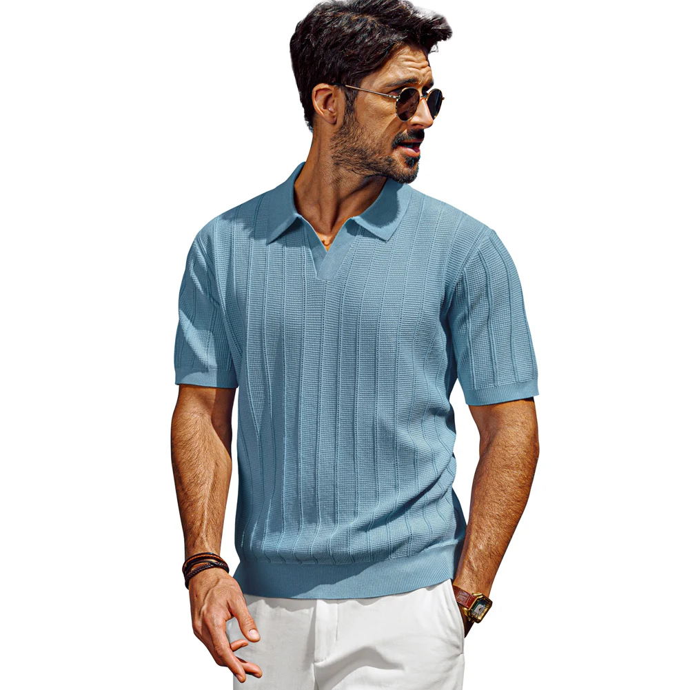 

PJ Men Textured Knitted T Shirt Short Sleeve Lapel Collar V-Neck Knitwear Ribbed Sleeve Openings Fahion