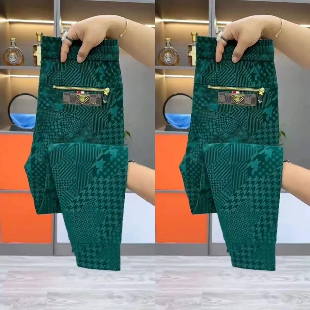 

Summer new men's ice silk casual pants trend high-end pocket zipper elastic slim fit small leg pants Y2K
