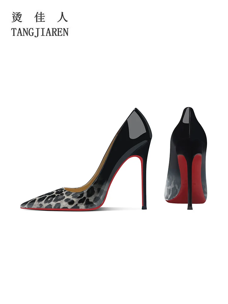 

New gradient leopard print black high heels for women, slim heels, sexy temperament, pointed red sole single shoes