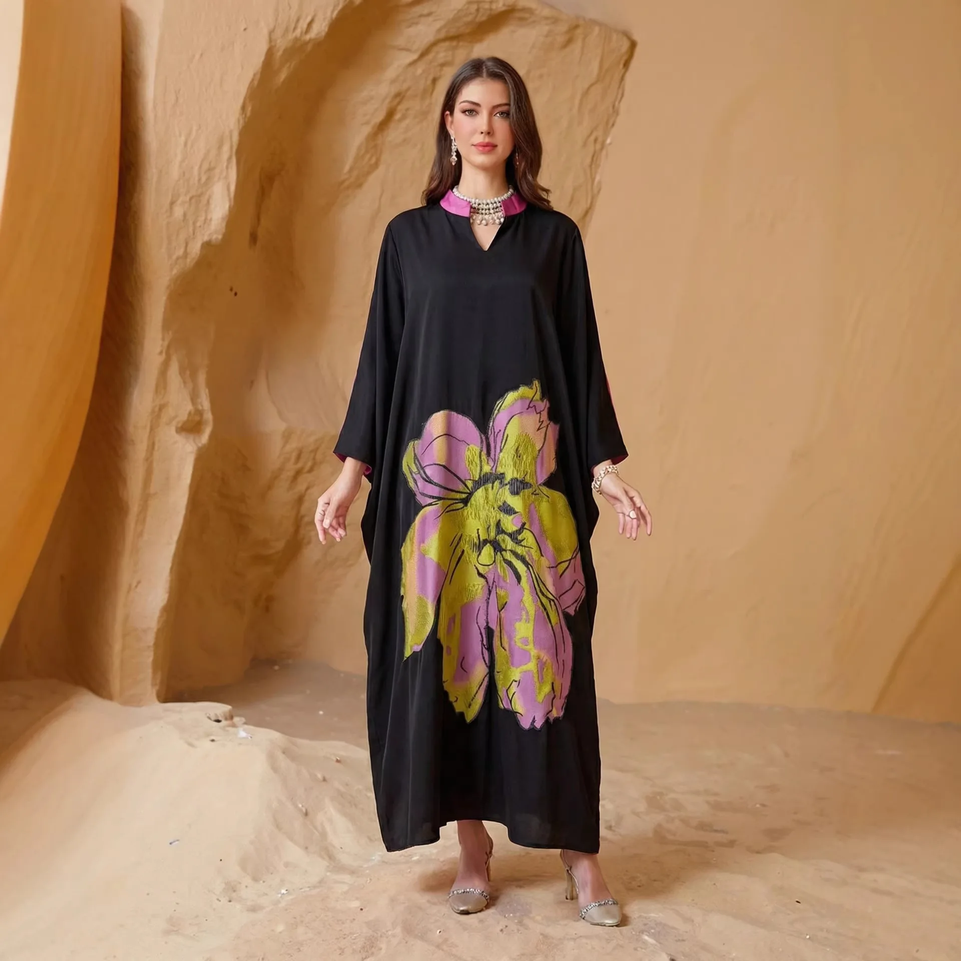 

Праздничное платье-абайя для женщин, с цветочным принтом, кафтан, мусульманское арабское длинное платье для Рамадана, Марокко, Дубай, джалабия, вестидос