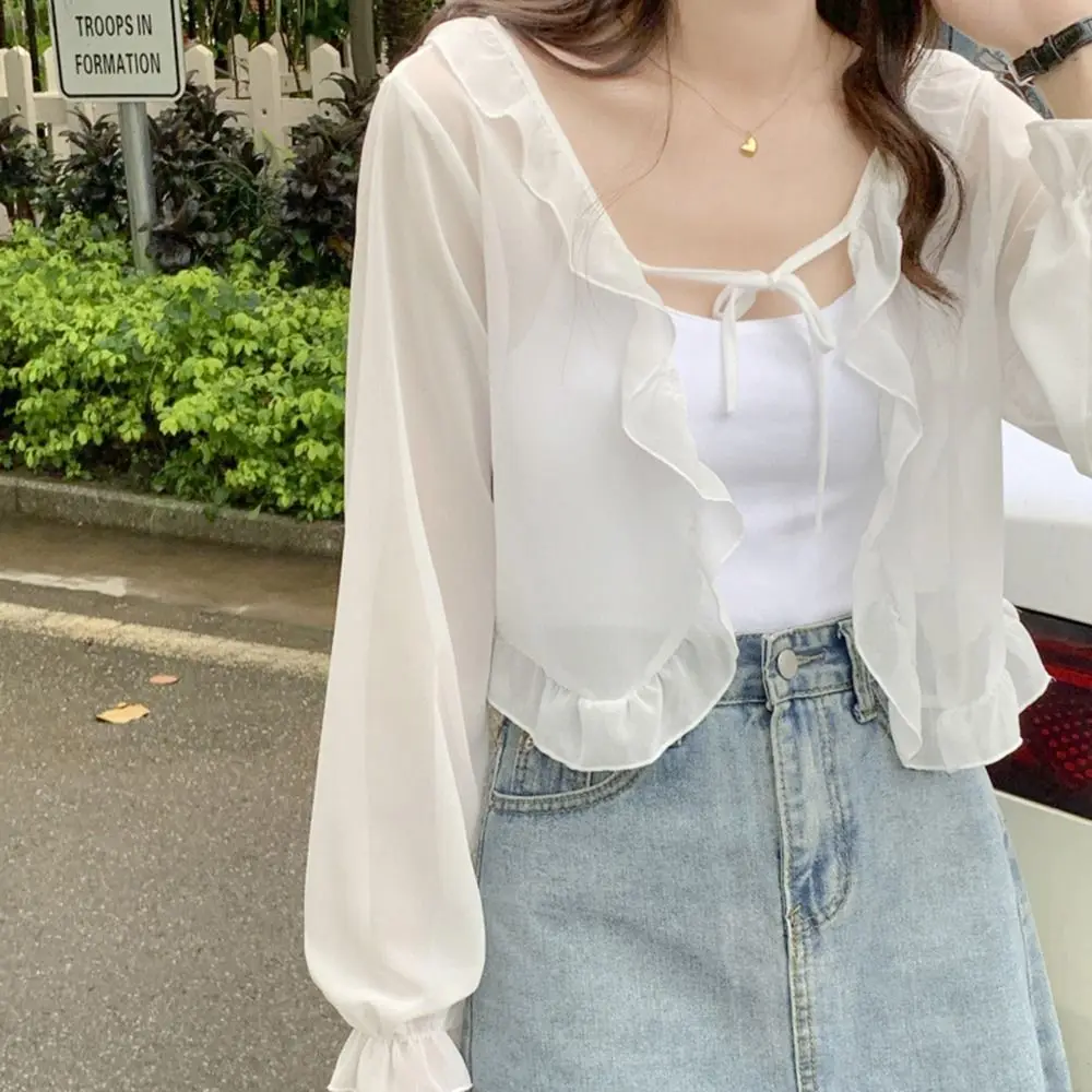 Ruffle Summer Sun Protection Cape Wrapped Scarves Female Wraps Korean Style Shawl Short Top Coat Lace Cardigan Sunscreen Shawl