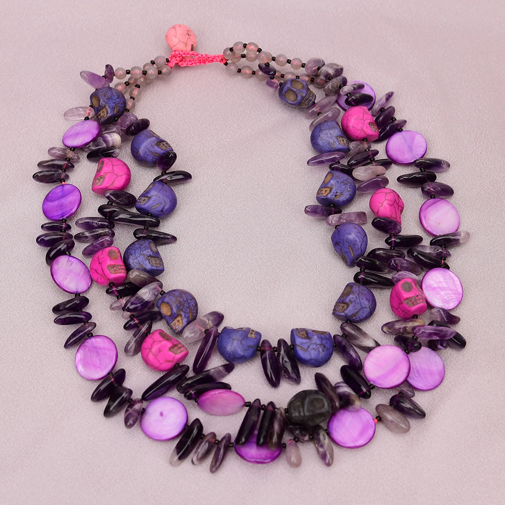 APDGG A31 Handmade 3 Rows Natural Mix Stone Turquoise Amethyst Shell Multi Strands Necklace