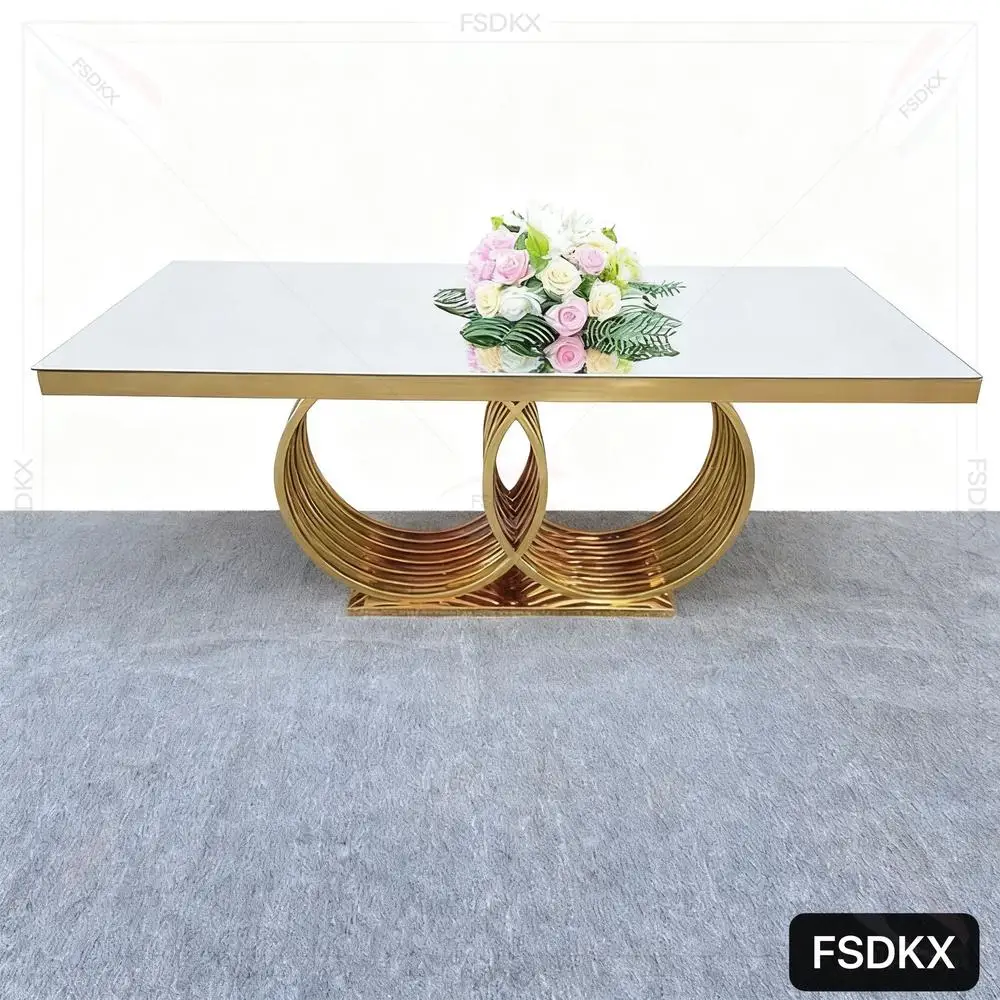 

FSDKX Wedding Long Gold Steel Head Table for Events Decor