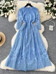Autumn Elegant Flower Embroidery Lace Long Dress Summer Women Half Sleeve Midi Robe Hollow Out Wedding Party Evening Vestidos