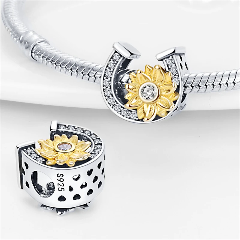 

Original 925 Sterling Silver Sunflower K-Gold Horseshoe Charms Beads Fit 3mm Original Bracelet DIY Women Fine Date Jewelry Gifts