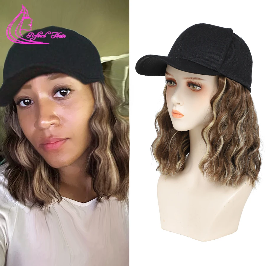 

Baseball Cap Hair with Wave Curly Bob Hairstyle Adjustable Wig Hat Attached Short Extensions Synthetic for Women Mix Brown Blond