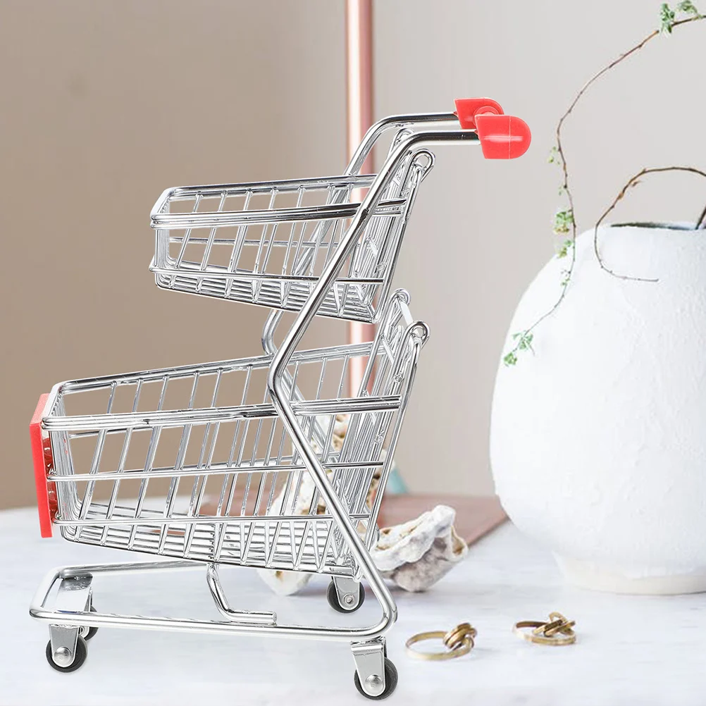 

2Pcs Mini Shopping Cart Two-Tier Desktop Decor Small Storage Basket for Pen Pencil Cellphone Organizer Kids Gift