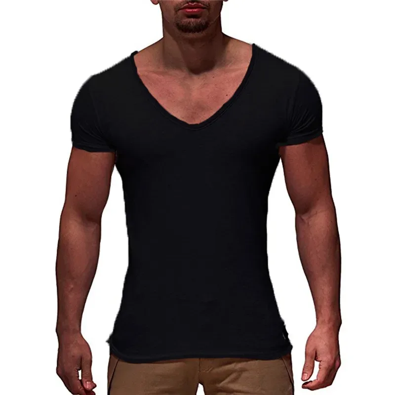 Summer Men\'s Casual Short Sleeve T-shirt Fashion Solid Color V-neck Gym Fitness Muscle Shirt Casual Joker Basic T-shirt